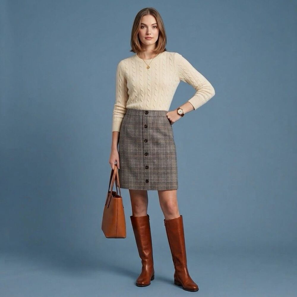 Brooks Brothers 346 Womens 6 Wool Blend Plaid Skirt Gray Tweed Button Front Mini